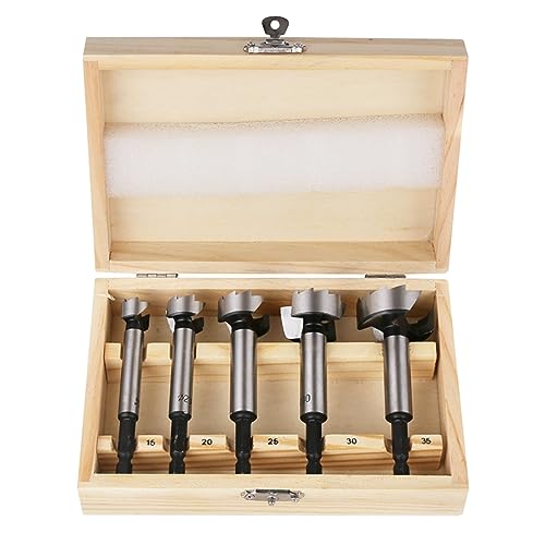 Vearter Juego de 5 brocas Forstner, 15/20/25/30/35 mm, broca para madera con vástago hexagonal, broca para madera maciza, MDF, plástico, aglomerado, madera contrachapada