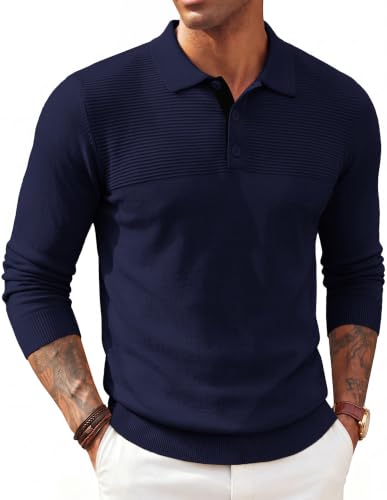 PJ PAUL JONES Polo para Hombre de Punto Ligero con Cuello, Manga Larga, Corte Regular, para Otoño e Invierno, Uso Casual, Negocios, Trabajo y Golf miniatura 1