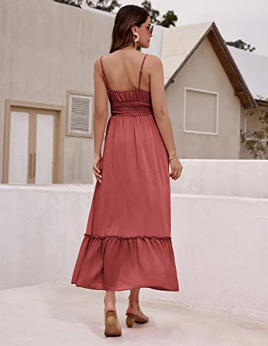 Grace Karin Spaghetti Strap Dress For Women Ruffle Long Dresses Sleeveless Boho Smocked Summer Casual Cami Maxi Dress With Pockets Brick Red Xxl #TOP2