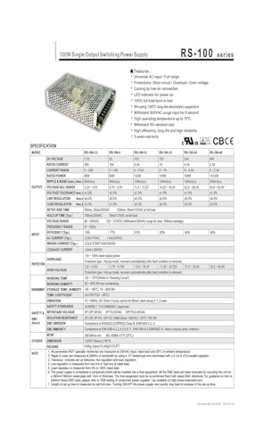 Alimentation à découpage sortie unique 3.3V RS-100 tension continue