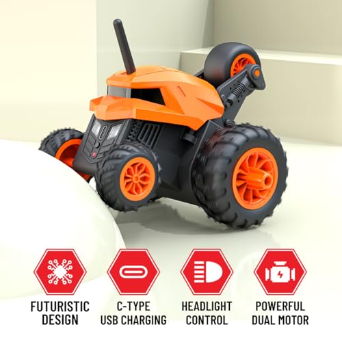 Image of Mirana Warrior 360 Rotating Stunt RC Car | High Speed Remote Control Vehicle | USB Type-C Rechargeable Toy for Kids for Boys and Girls | Made in India (Orange)
