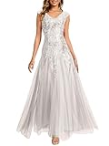 Ever-Pretty Women's Sequin Evening Gown with Sleeveless V-Neck Tulle Dress for Formal Wedding Guest Party Dresses White 24