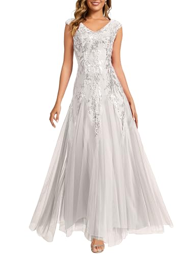 Image of Ever-Pretty Women's Sequin Evening Gown with Sleeveless V-Neck Tulle Dress for Formal Wedding Guest Party Dresses White 10