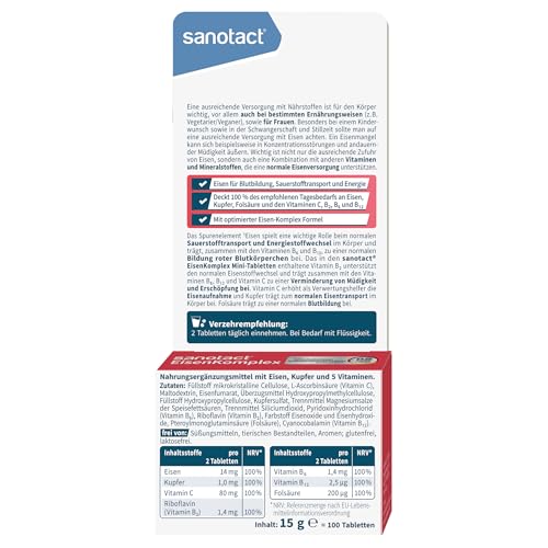 sanotact Eisen Komplex (100 Mini-Tabletten) • Mit 14mg hochdosiert, Kupfer, Folsäure, Vitamin C, B2, B6, B12 • Sofortwirkung bei Eisenmangel • Eisen für Blutbildung • 100% Vegan