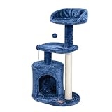 ClevaHome Albero Tiragraffi Blu Denim per Gatti Piccoli – Torre Multi-livello da 85 cm con Pali in Sisal, Piattaforme Morbide e Gioco Pensile da Interno