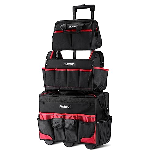 HAUTMEC 3-Piece Rolling Tool Bag Set – 18” Wheeled Tool Bag, 15” Electrician Tool Tote & 12” Wide Mouth Bag, 1680D Water-Resistant Heavy-Duty Portable Tool Storage – HT0287