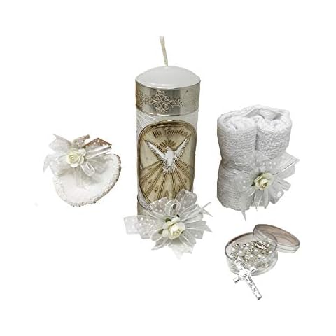 Catholic Baptism Kit with a Towel, a Candle, a Rosary and a Shell for Baby Boys and Girls. Handmade in Mexico Gift for Godparents. Holy Spirit Baptism Candle Set. Kit de Bautizo. Cover
