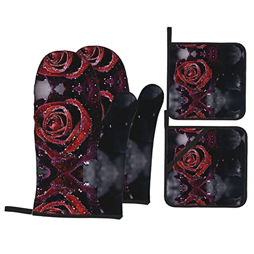 Ofenhandschuhe und Topflappen-Sets, hitzebeständiger, Rutschfester Handschuh und Topflappen, 4 Stück, zum Backen von Grill-Dew Rose