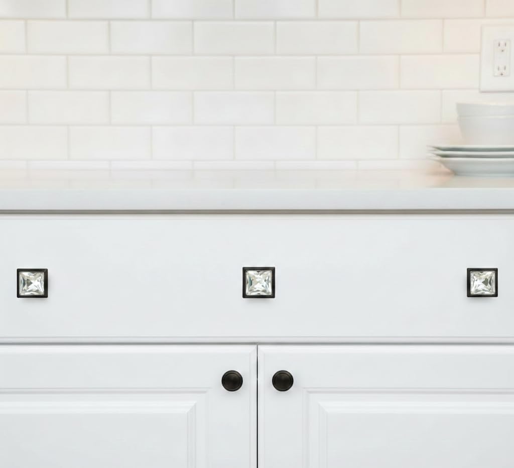 Cosmas 10 Pack 5883ORB-C Oil Rubbed Bronze Cabinet Hardware Square Knob with Clear Glass - 1-1/4" Square