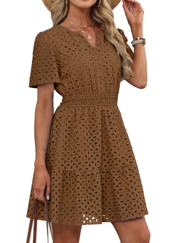 RUMIA Summer Dresses for Women 2026 V Neck Eyelet A Line Dress Brown Large