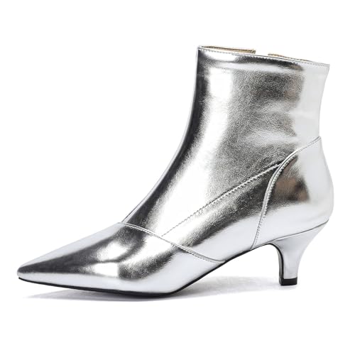 SHEMEE Fashion Womens Kitten Heels Ankle Boots Sexy Pointy Toe Booties Mid Heels Zipper Work Party Dress Shoes 722 Silver,Size 9