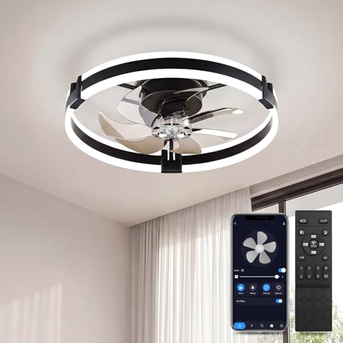 20" Low Profile Ceiling Fan with Light for Bedroom, Flush Mount Small Fandelier, 35dB Ultra Quiet DC Motor, Remote & APP Control, 2600LM Dimmable LED, 6 Speeds, Reversible Motor, Memory Function Black by GRACEGLIDE - Used condition - US$38.44