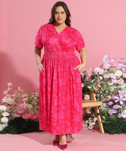 Image of CARCOS Plus Size Maxi Dress for Curvy Women, Hot Pink Floral, V-Neck, Short Sleeve, High Waist, Smocked Waist, A-Line, Casual, All Occasions, Adult Women, Plus Size, Women, US 14 /16, X-Large