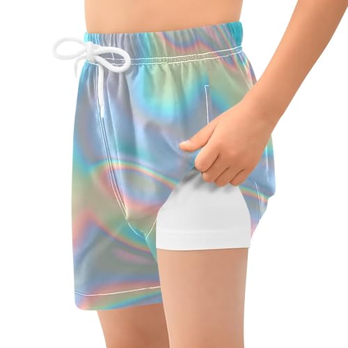 GuoChe Boy Beach Shorts Teens Drawstring Sport Shorts Lined Holographic Blue2