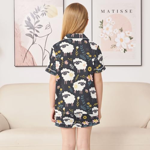 ALAZA Sheep Blossom Flower Leaf Satin Pajamas Set Short Sleeve Button Down Sleepwear Summer Pjs 2 Piece4