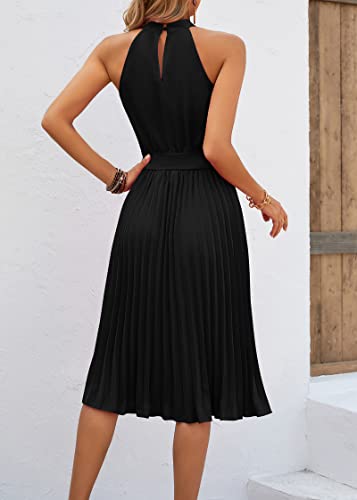Kirundo Women's 2023 Summer Sleeveless Halter Neck Pleated Midi Cocktail Dresses A Line Flowy Beach Sun Dress With Belt(Black, Medium) #TOP4