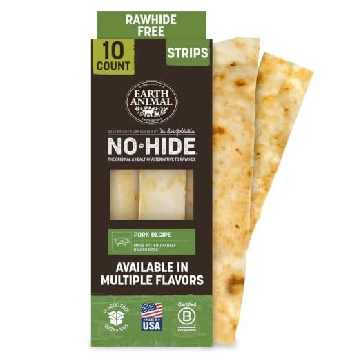 Earth Animal No Hide Strips - Natural Rawhide Free Dog Chew Strips, Pork - 10 Count Value Pack
