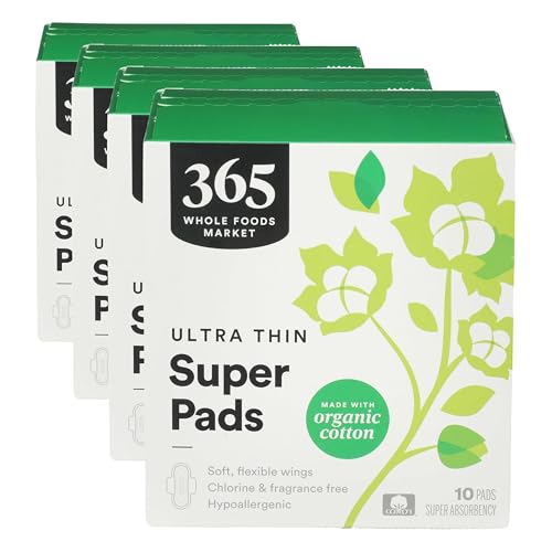 Image of 365 by Whole Foods Market, Ultra Thin Pads, Made with Organic Cotton Pads, Super, 10 ct (Pack of 4)
