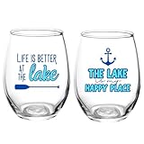 Needzo Unbreakable Stemless Lake Themed Wine Glasses, Reusable Shatterproof Cups, 4.5 Inches (Pack of 2) (Happy Place)
