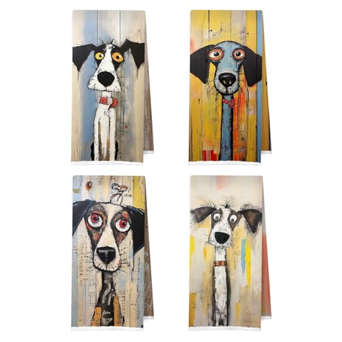 ERYBHKRTYH Funny Dog Kitchen Towels Set - Whimsical Dog Waffle Decorative Dish Towels, Whimsical Abstract Scruffy Puppy Hand Towel, Tea Towel, 16x24 Inch