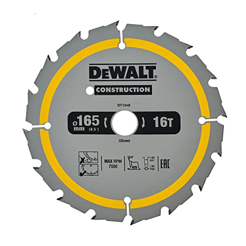 Dewalt Bau-Kreissägeblatt Construction für Akku-Handkreissäge DT1948 (165/20mm 16WZ, 20° Zahnwinkel, 1,5mm Schnittbreite, für schnelle Schnitte, mit Nail Tough zum Sägen von Holz mit Nägeln)