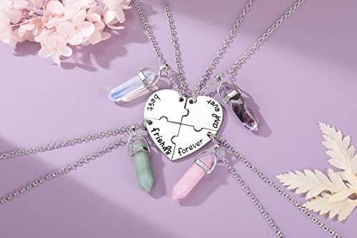 JSDDE Natural Crystals Best Friends Forever and Ever BFF Necklace Engraved Puzzle Friendship Heart Pendant Necklaces Jewellery (4pcs/Set)
