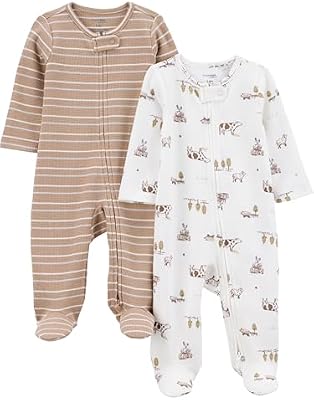 Simple Joys by Carter's Neutral 2-way Zip Thermal Footed Sleep and Play, Pack of 2, Brown Farm (0-3M...