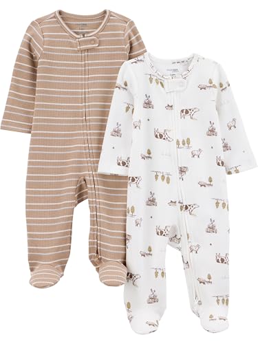 Simple Joys by Carter's Neutral 2-way Zip Thermal Footed Sleep and Play, Pack of 2, Brown Farm, NB