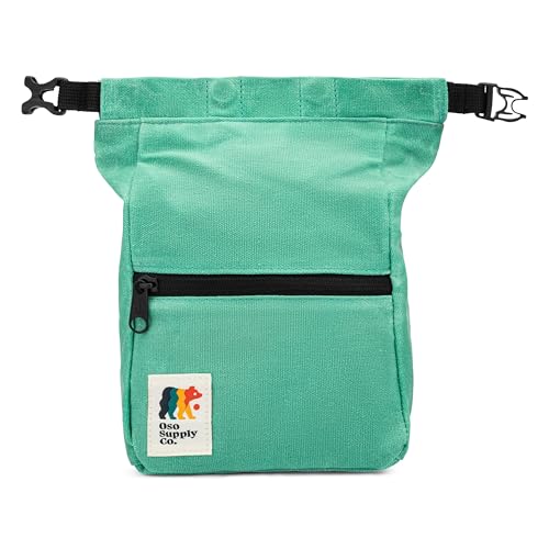 Oso Supply Co - Kulshan Bouldering Bucket Large Size Chalk Bag for Rock Climbing Chalk Pot with Magnetic Roll Down Closure Brush Loop Zippered Pockets for Climbers Weightlifting (Turquoise)
