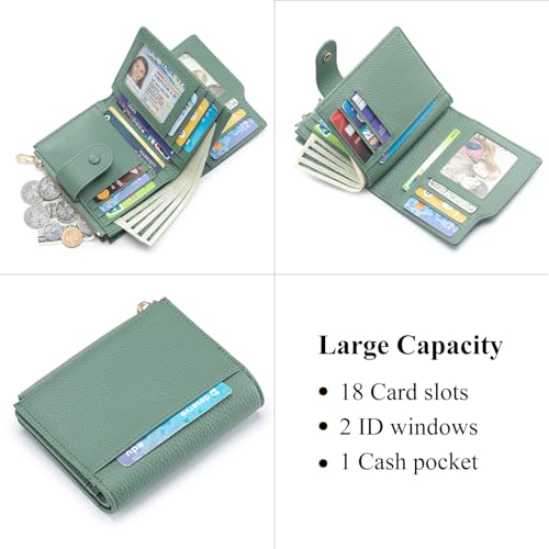 Image of Genuine Leather Wallets for Women RFID Blocking Bifold with Zipper Pocket, 2 ID Windows, 18 Card Slots, Green