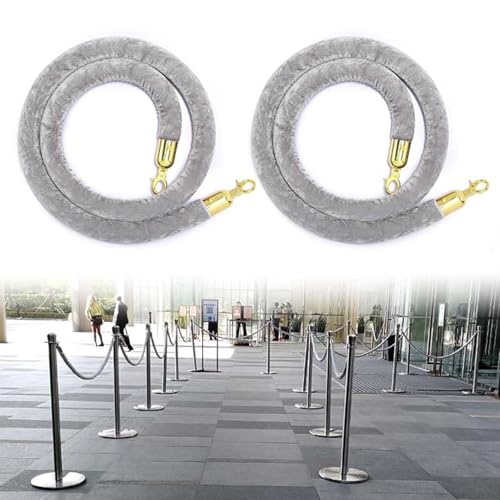 Crowd Control Queue Line Velvet Rope, 2 PCS Grey Stanchion Ropes Only for Movie Night Party, VIP Rope Safety Barriers with Silver/Gold Ends(Gold Hook,1.5m/5ft)