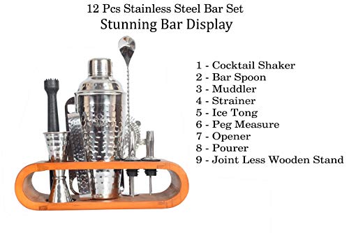 Taluka Bar Set For Drink Mixing Bar Tools: Cocktail Shaker, Jigger, Strainer, Bar Mixer Spoon, Ice Tongs, Bottle Opener, Pourer, Muddler, Joint Less Wooden Stand (Hammered Stainless Steel) #TOP2