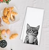 OSLYSOF Funny Coffee Cat Kitchen Towels, Cat Lovers Mom Lady Gifts Dish Tea Towel for Kitchen Coffee Bar Station Decor, Kitten Pet Lover Gifts Hand Towels, 16x24 Inch