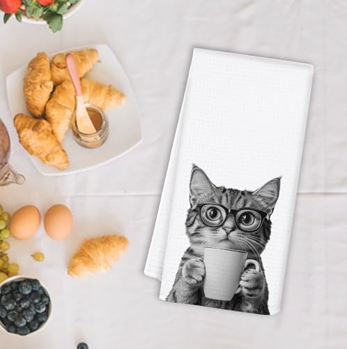 OSLYSOF Funny Coffee Cat Kitchen Towels, Cat Lovers Mom Lady Gifts Dish Tea Towel for Kitchen Coffee Bar Station Decor, Kitten Pet Lover Gifts Hand Towels, 16x24 Inch