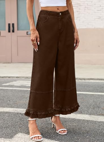 EVALESS Womens Wide Leg Jeans 2026 Trendy Mid-Rise Cropped Baggy Jeans Loose Fit Fashion Ruffle Hem Trouser Denim Pants with Pockets Chicory Coffee Size 6 — view 3