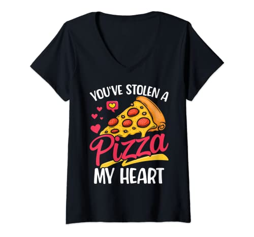 Mujer Pizza Valentines Day Stolen Heart Food Love Camiseta Cuello V