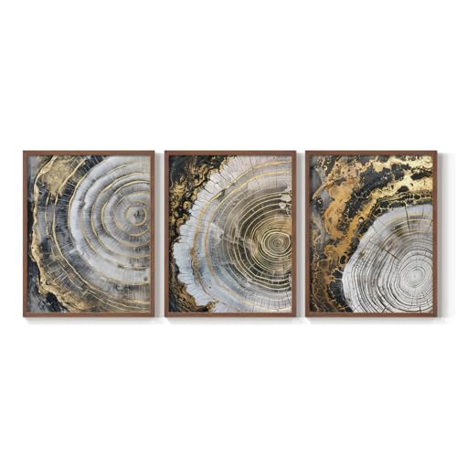 Renditions Gallery Set of 3 Peel & Stick Framed Prints, Modern Abstract Wall Art, Wooden Texture Gold and White Wall Decor, Re-Stickable - Ready to Hang - 22"x28" - Walnut Frame LT597