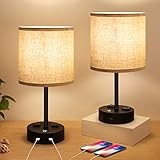Bedside Lamps, Nightstand Lamps for Bedrooms Set of 2, Touch Control Dimmable Modern Table Lamp with USB Charging Ports and AC Outlets, Fabric Shade Lamp for Living Room, Office