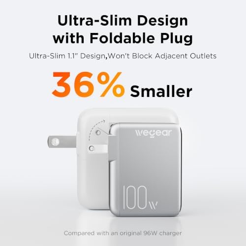 wegear 100W GaN USB C Charger Block, 3-Port Slim Foldable Fast Wall Charger for MacBook Pro, iPad, iPhone 17/16/15 Series, Galaxy S25/S24, Dell XPS, Steam Deck, Compact Travel Power Adapter (Silver) — view 4