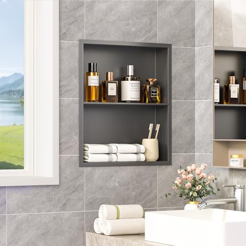 Kynlynly 14x18 Recessed Medicine Cabinet, Bathroom Wall Cabinet, 304 Stainless Steel Recessed Wall Niche with 2-Tiers Shelves, Matte Gray by Kynlynly - Used condition - US$59.99