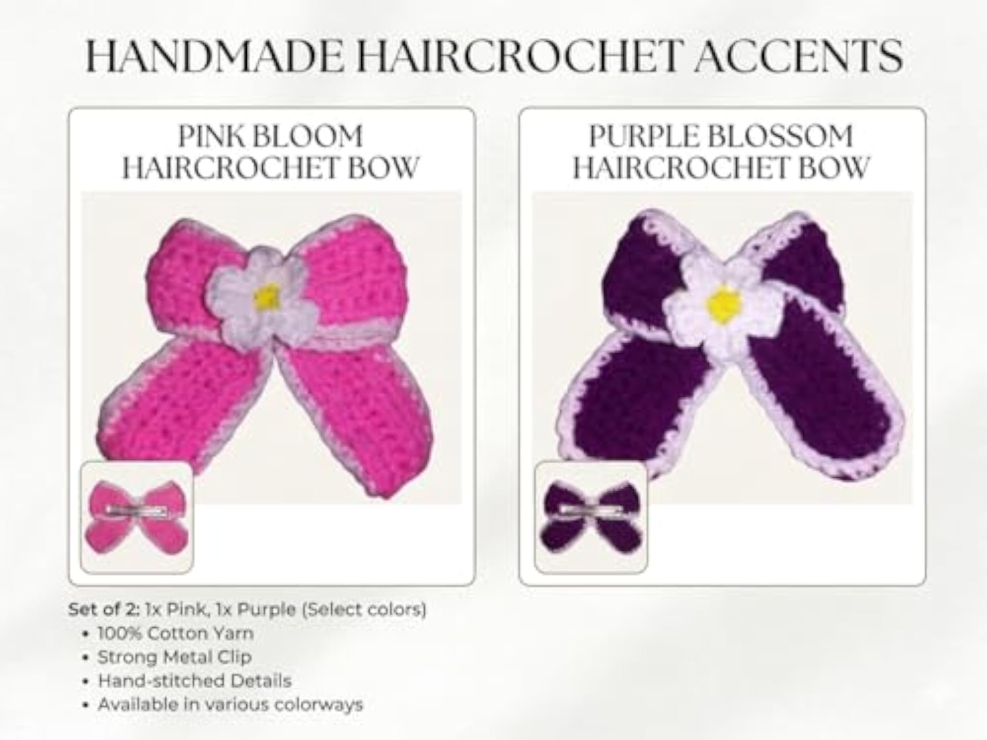 Handmade Crochet Hair Bow Clip Set of 2, Pink & Purple