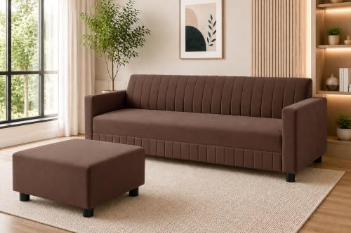 Image of 3 Seater Velvet Sofa with Ottoman | Modern Upholstered Couch | Comfortable Living Room Sofa | Durable & Stylish Seating for Home, Office & Guest Room - Brown Color