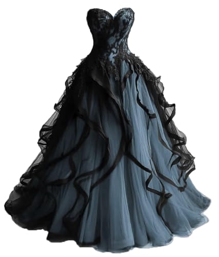 Sweetheart Gothic Black Ruffles Prom Wedding Dress for Brides Dusty Blue 4