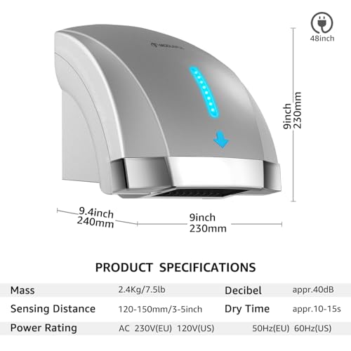 modunful 2PC Hand Dryers for Bathrooms Commercial: Electric Hand Dryer Touchless - Extra Quiet Low Noise(40db) - Wall Mounted Type(1600W) - Thumbnail 7