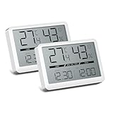 CHEREEKI 2 Stück Digital Thermometer Hygrometer Innen mit Uhr und Datum, Raumthermometer Zimmerthermometer für Zuhause, Babyzimmer, Gewächshaus und Büro - Inklusive Batterie