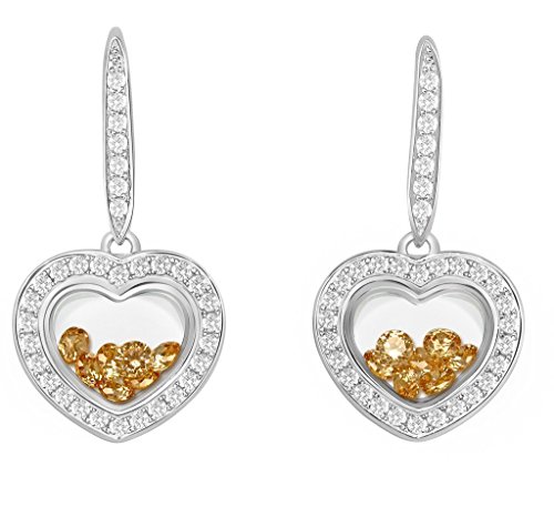 PARIKHS Heart Earring floating Champagne Cubic Zirconia inside -CZ border - Sterling Silver