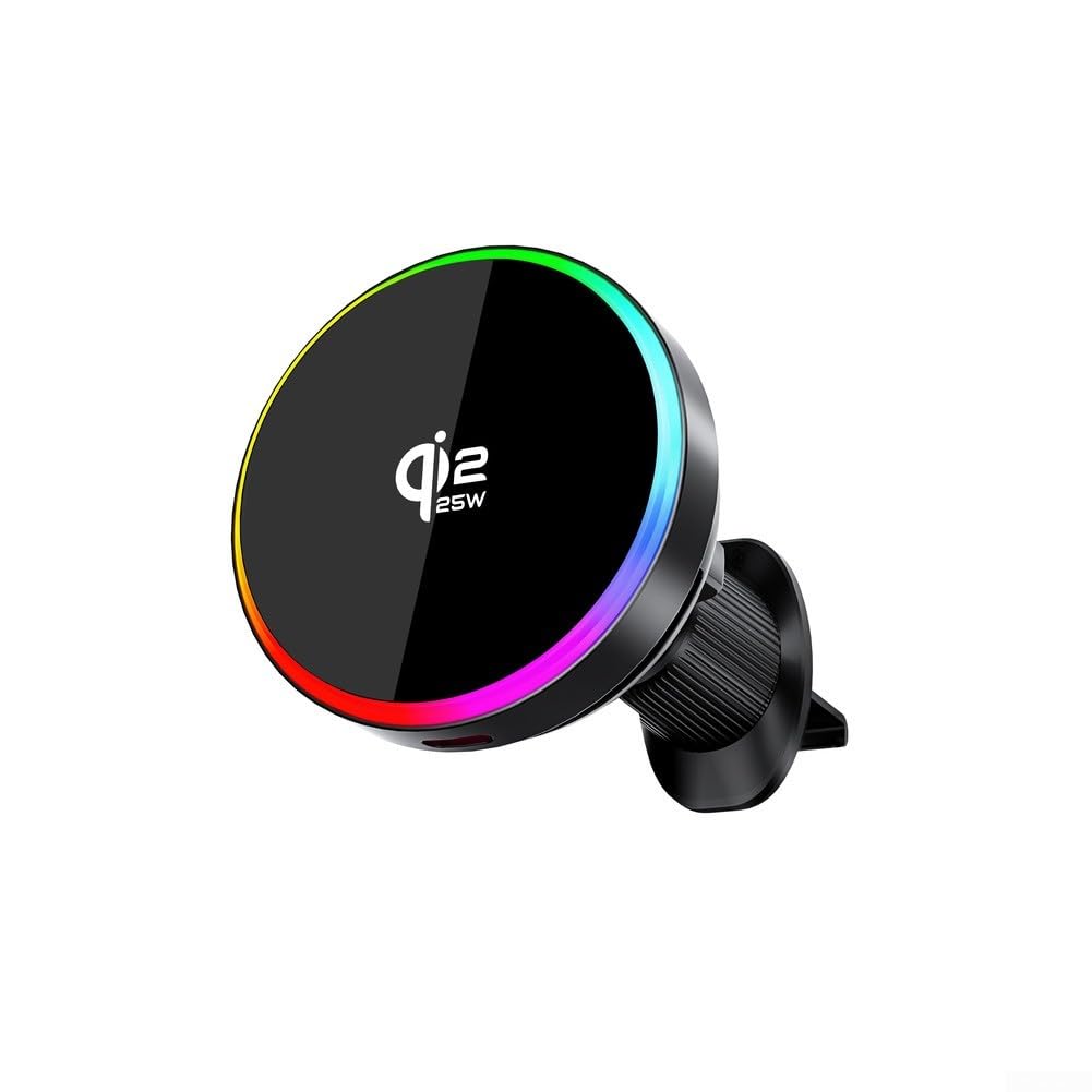 Evita caídas y falta de batería con el cargador de coche inalámbrico magnético Qi2 de 25W con luz RGB