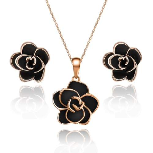EVEVIC Rose Flower Necklace Earrings Set for Women 18K Gold Plated Jewelry Sets (Black)