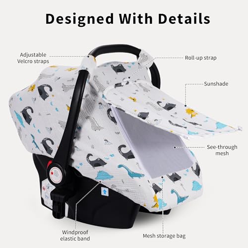 Image of Rquite Car Seat Cover Baby, Carseat Covers Girl Boy, Breathable Muslin Cotton, Large Mesh Window, Infant Car Seat Canopy Baby Carrier Cover Stroller Sun Shade for Summer & Hot Day