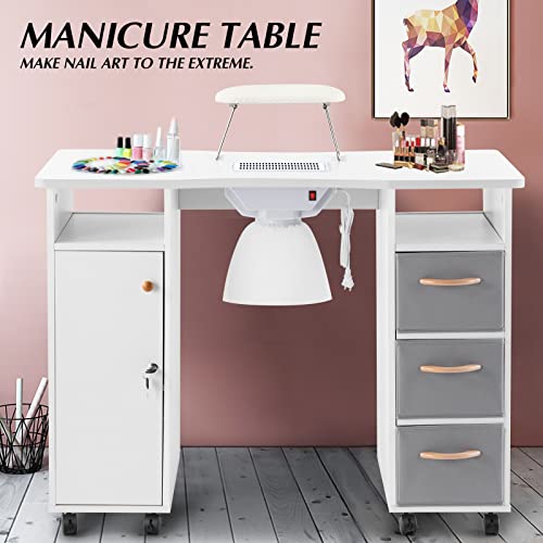 Artist Hand Nail Table, Manicure Table, Collapsible Nail Desk, Nail Tech Table Station With Dust Collector, Wrist Cushion, Lockable Wheels, White #TOP1